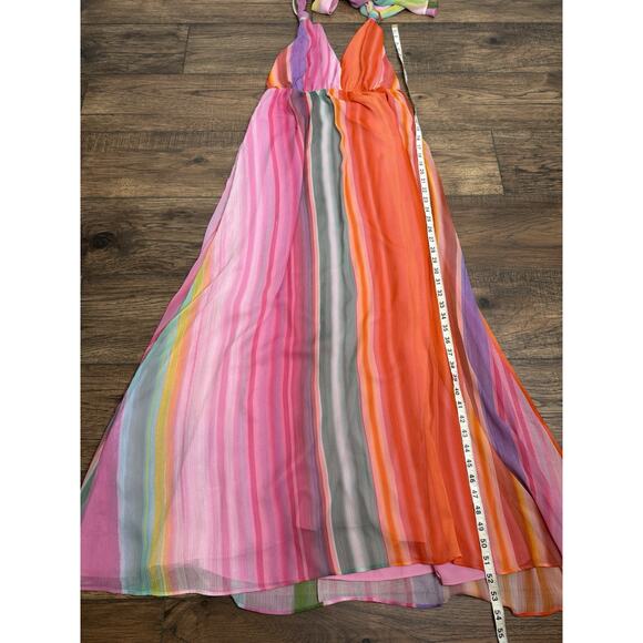 MNG by Mango Rainbow Striped Halter Maxi Dress Tie V-neck Sz 6 - Picture 11 of 11
